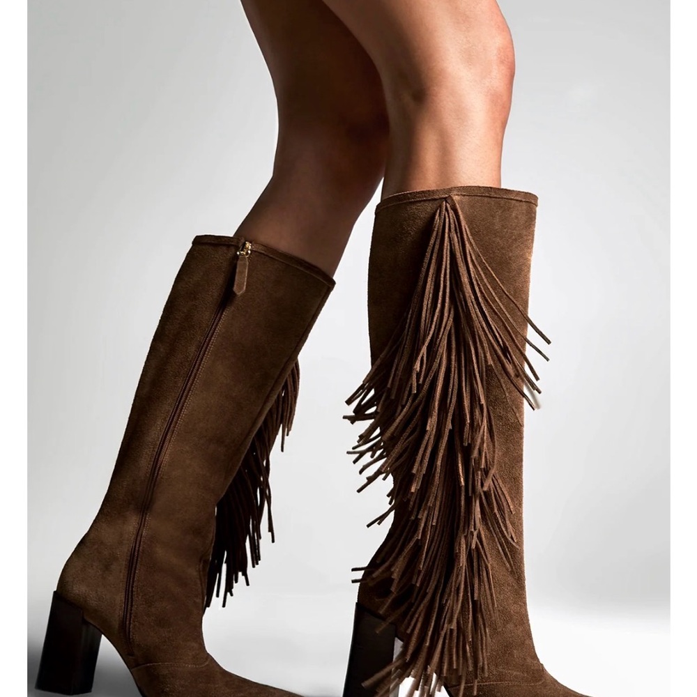 SCHUTZ Brown Fringe Suede Heeled Boots NEW in Box